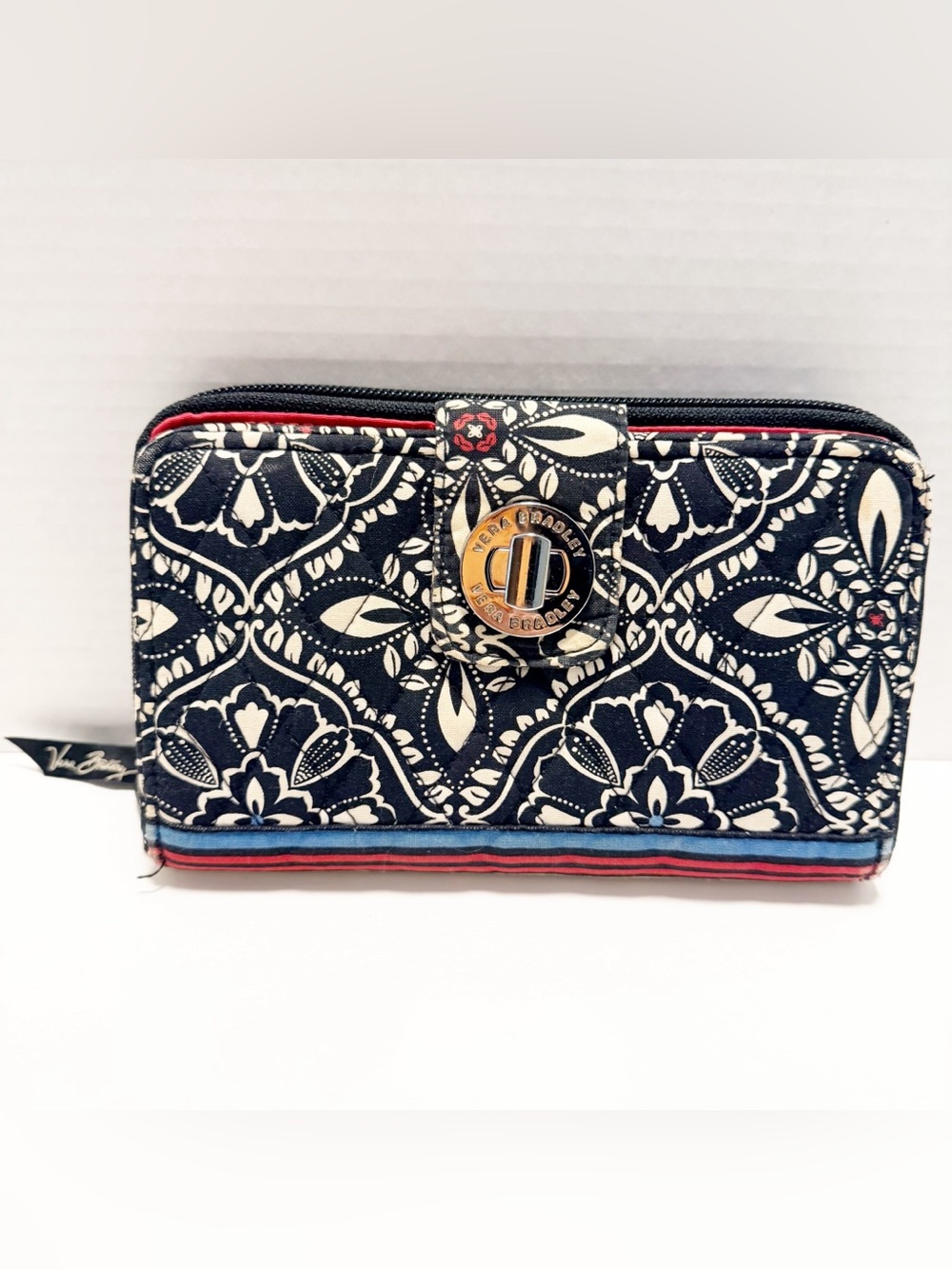 Vera Bradley Black and White Floral Turnlock Wallet with Red & Blue Trim